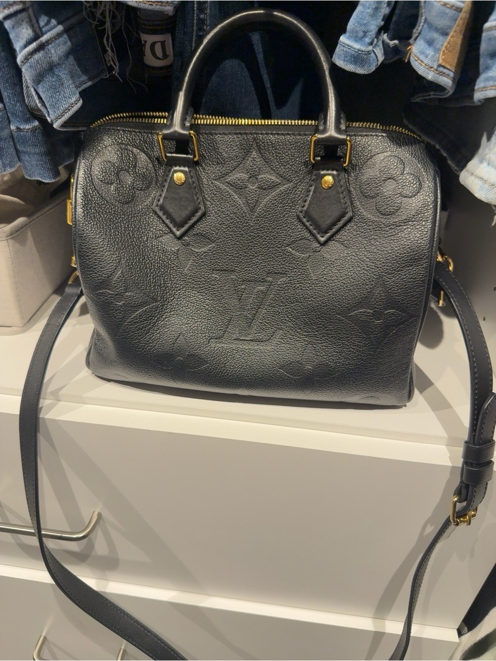 Louis Vuitton Black Embossed Monogram Satchel with Strap